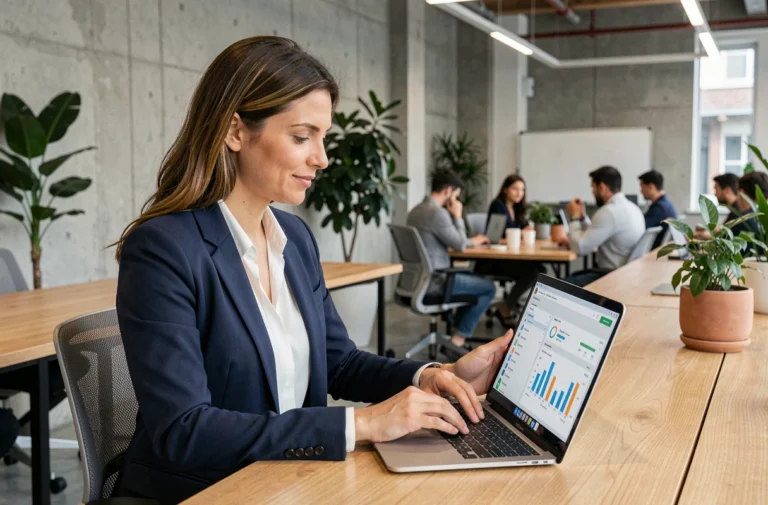 Femme professionnelle consultant un tableau de bord business sur son ordinateur portable dans un espace de coworking moderne