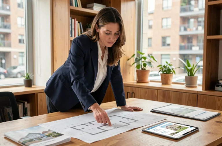 Femme entrepreneur étudiant des plans immobiliers dans un bureau moderne, projet immobilier au féminin