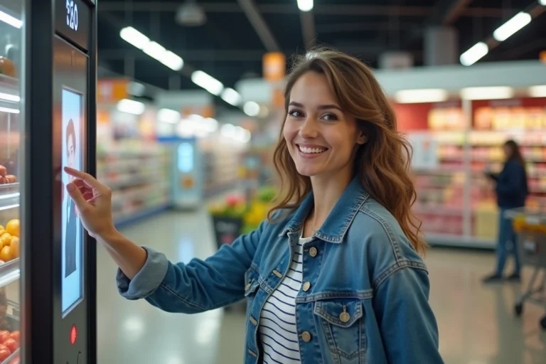 Femme souriante utilisant un photomaton en supermarche