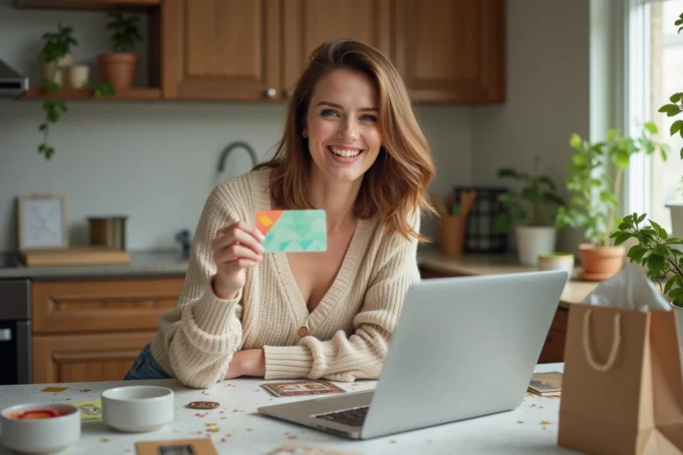 Femme souriante tenant une carte cadeau colorée dans une cuisine chaleureuse