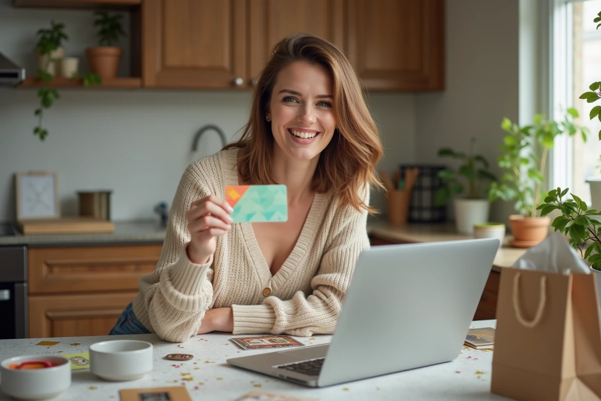 Femme souriante tenant une carte cadeau colorée dans une cuisine chaleureuse