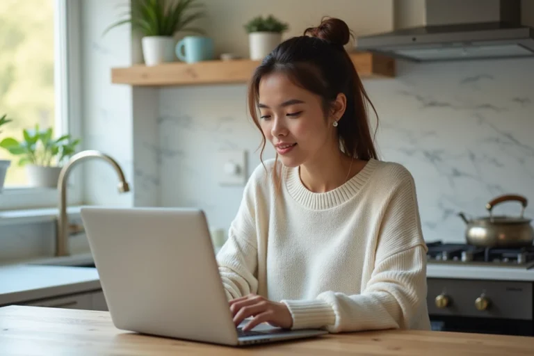 Jeune femme détendue travaillant sur son ordinateur dans une cuisine lumineuse