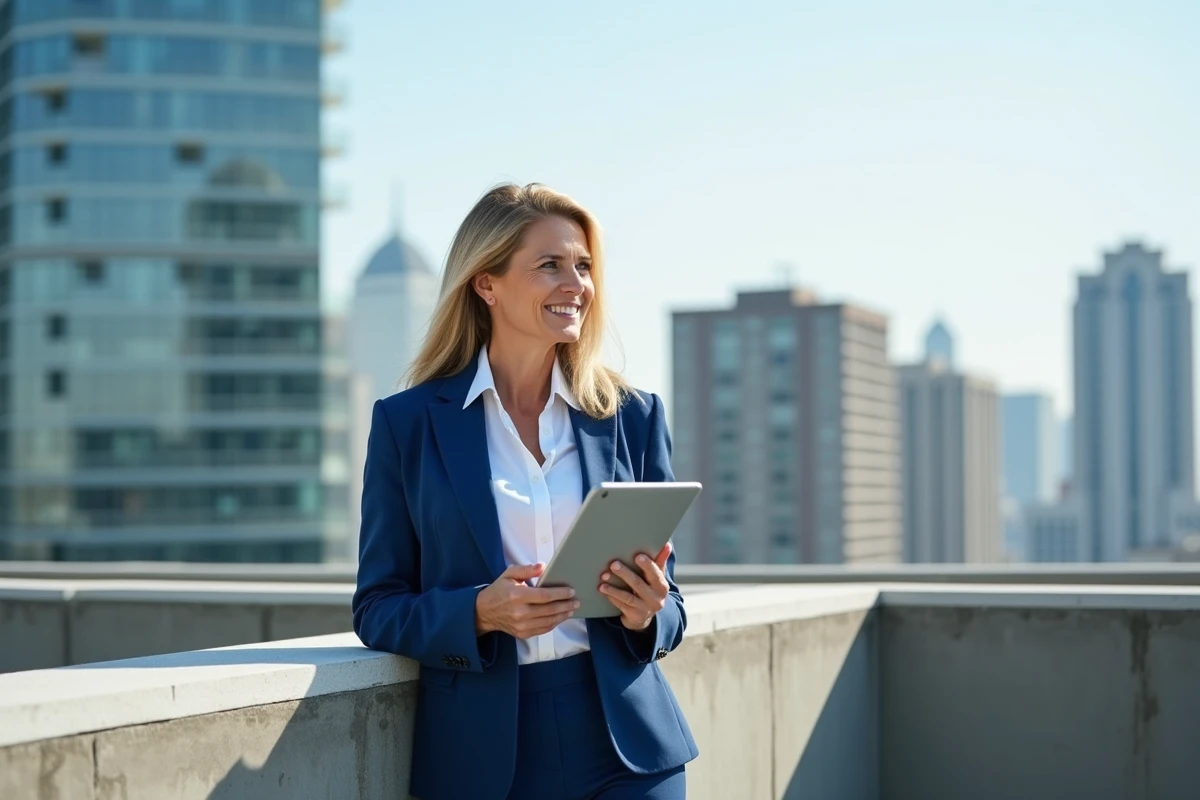 Femme professionnelle sur un rooftop avec vue urbaine