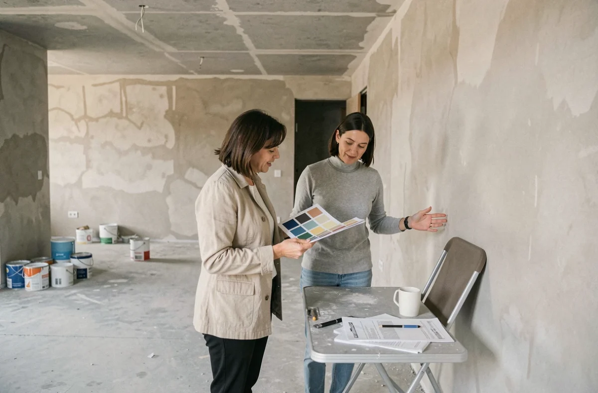 Deux femmes consultant des échantillons de couleurs dans un appartement en rénovation, projet immobilier collaboratif