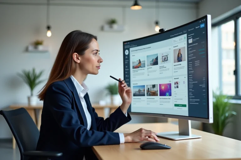 Femme professionnelle gérant des contenus digitaux sur un tableau de bord numérique dans un bureau moderne