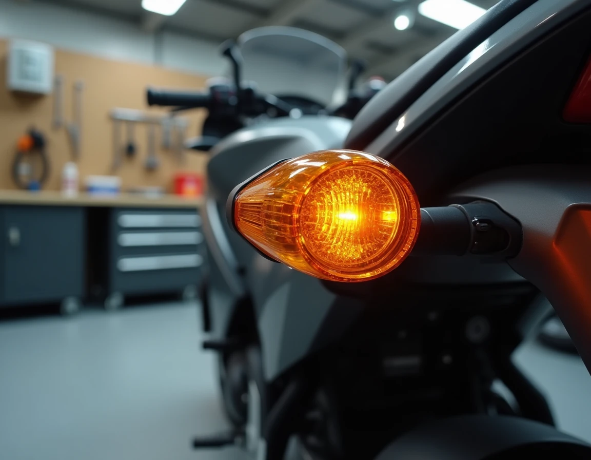 Gros plan sur un clignotant LED ambre homologué monté sur le carénage arrière d'une moto de tourisme dans un atelier
