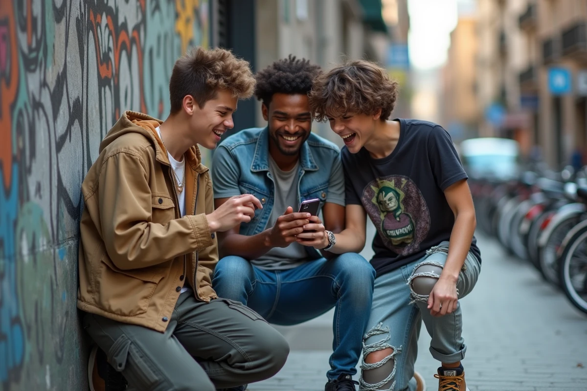 Groupe de jeunes adultes en streetwear réagissant à des tendances virales sur un smartphone dans un cadre urbain