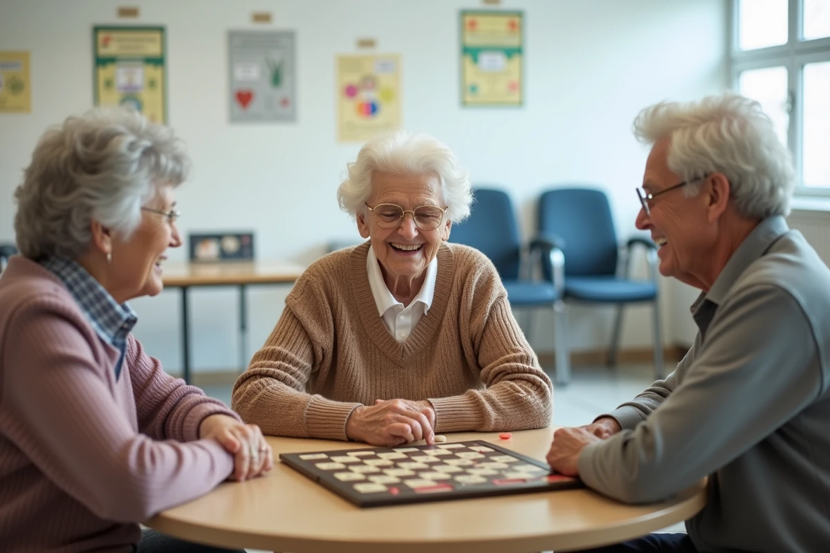 Groupe de personnes âgées de plus de 90 ans jouant à un jeu de société dans un centre communautaire, illustrant la démographie des nonagénaires en France
