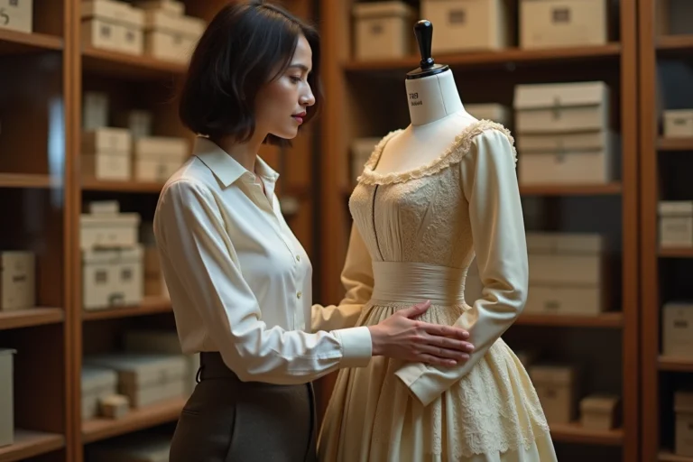 Historienne de la mode examinant une robe victorienne en soie dans une archive textile de musée