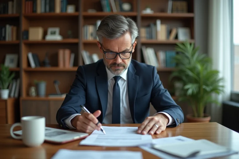 Homme d'affaires en costume examine un document financier