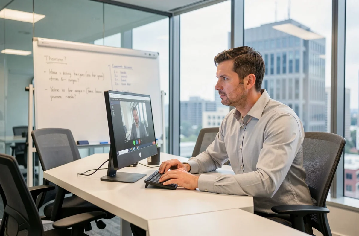Homme d'affaires en réunion vidéo dans une salle de conférence vitrée d'un bureau moderne pour gérer son activité professionnelle