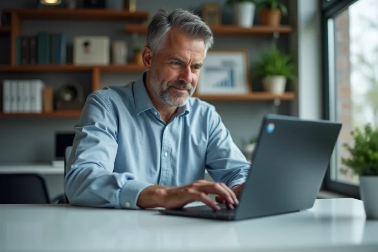 Homme d'âge moyen travaillant sur un ordinateur dans un bureau moderne