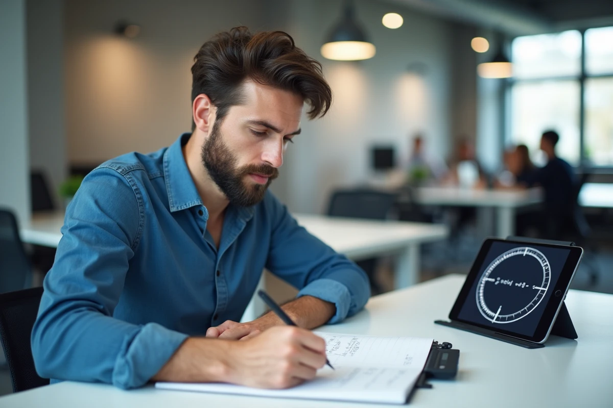 Homme en bureau calculant la surface d'un cercle avec un outil numérique et des notes manuscrites