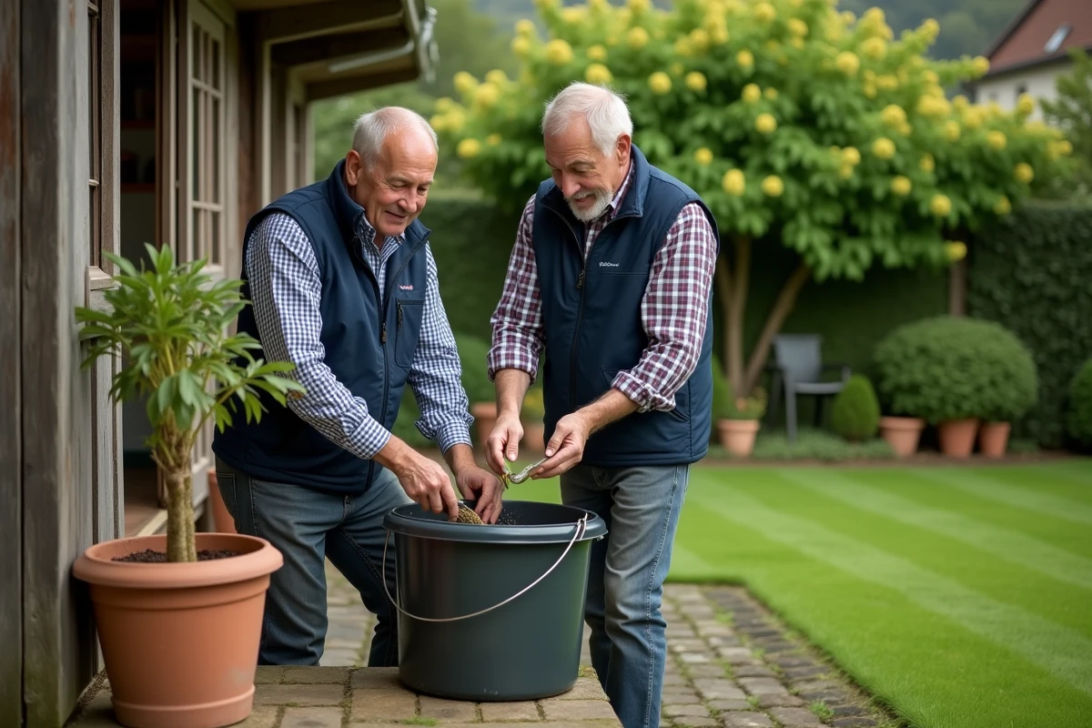 Homme préparant un mélange Bordeaux dans un jardin verdoyant