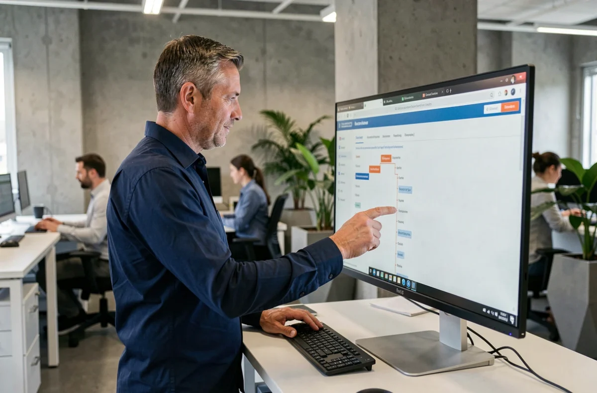 Homme naviguant dans la structure d'un site web via un menu hiérarchique sur grand écran en open space