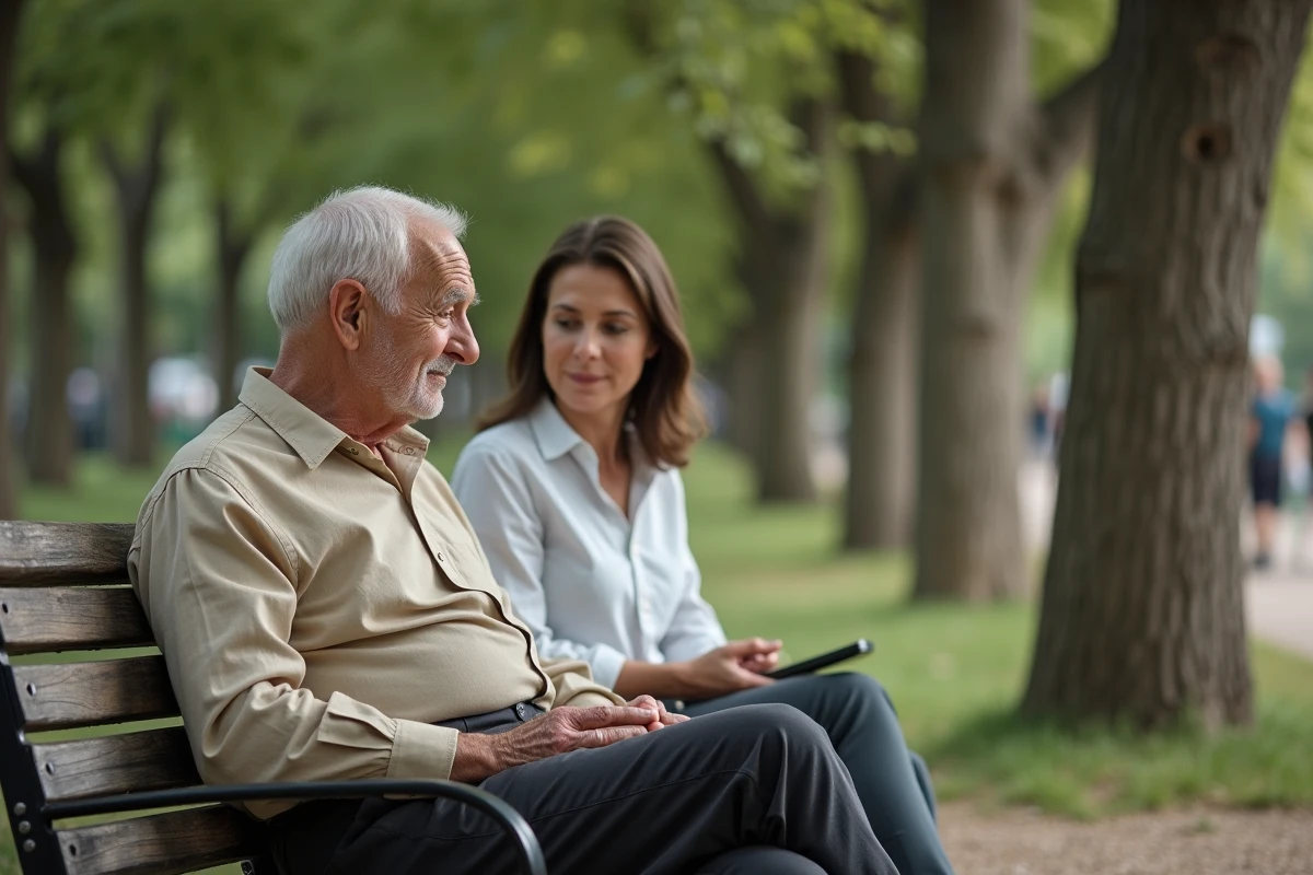 Homme nonagénaire en conversation dans un parc public, représentant la vie sociale des personnes âgées de 90 ans et plus en France