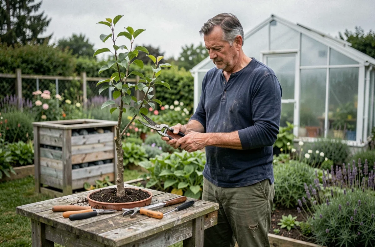 Homme expérimenté taillant un arbuste fruitier sur un établi de jardinage en bois avec une serre et un composteur en arrière-plan