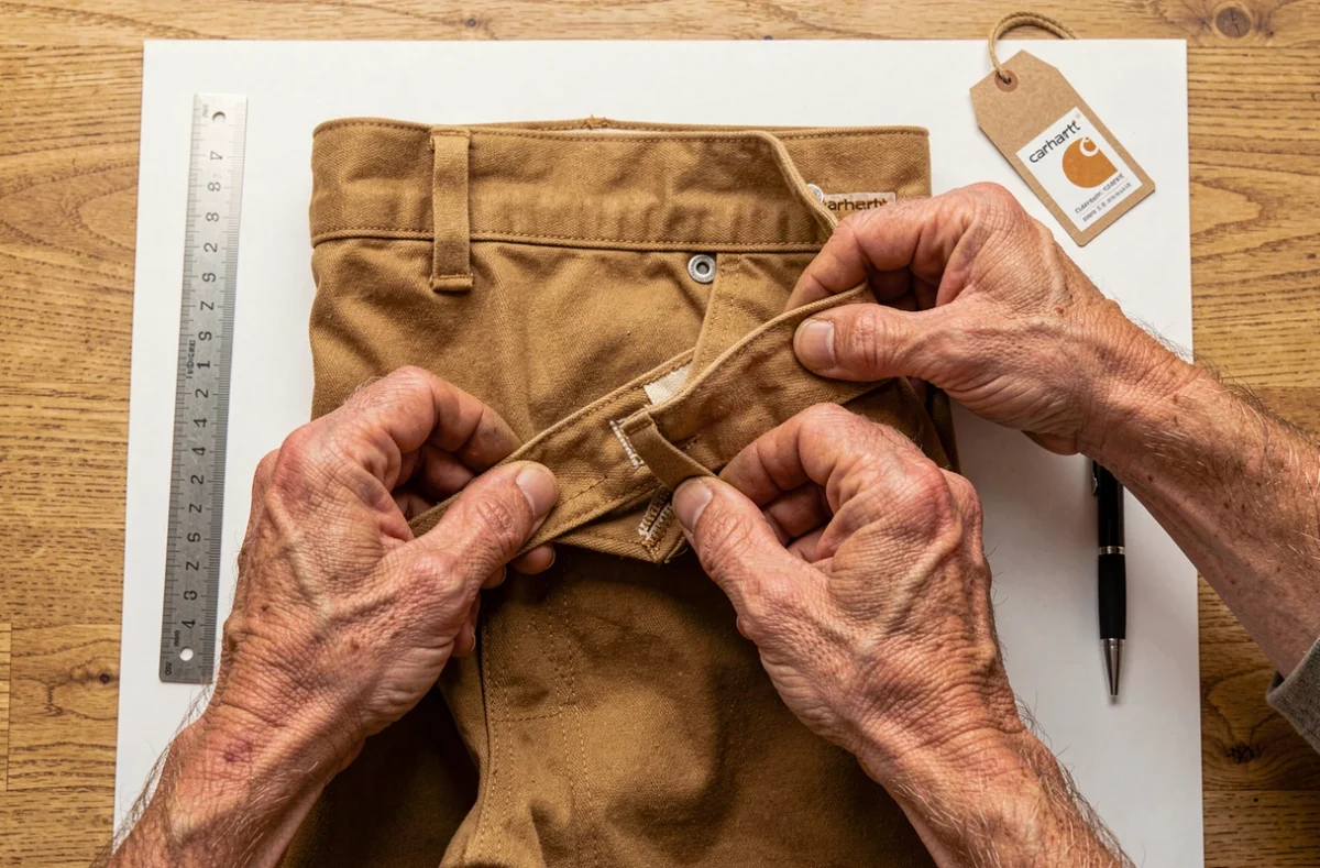 Gros plan des mains tenant un pantalon Carhartt pour inspecter les coutures renforcées et les rivets d'authenticité