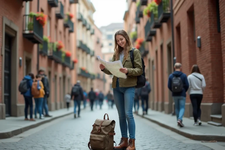 Jeune femme souriante avec carte dans une rue historique