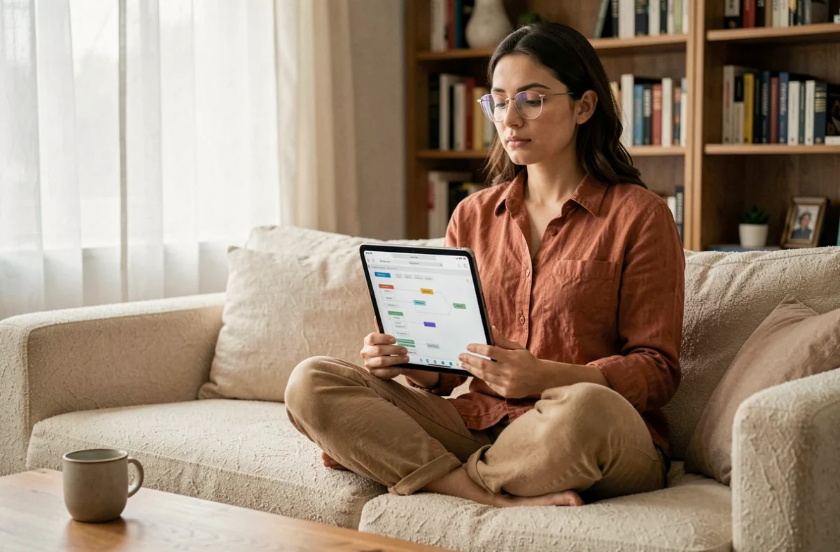 Jeune femme explorant la carte d'un site web sur tablette depuis son canapé dans un salon cosy