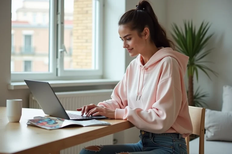 Jeune femme parcourant les tendances jeunesse et actualités mode sur un ordinateur portable dans un appartement moderne et minimaliste