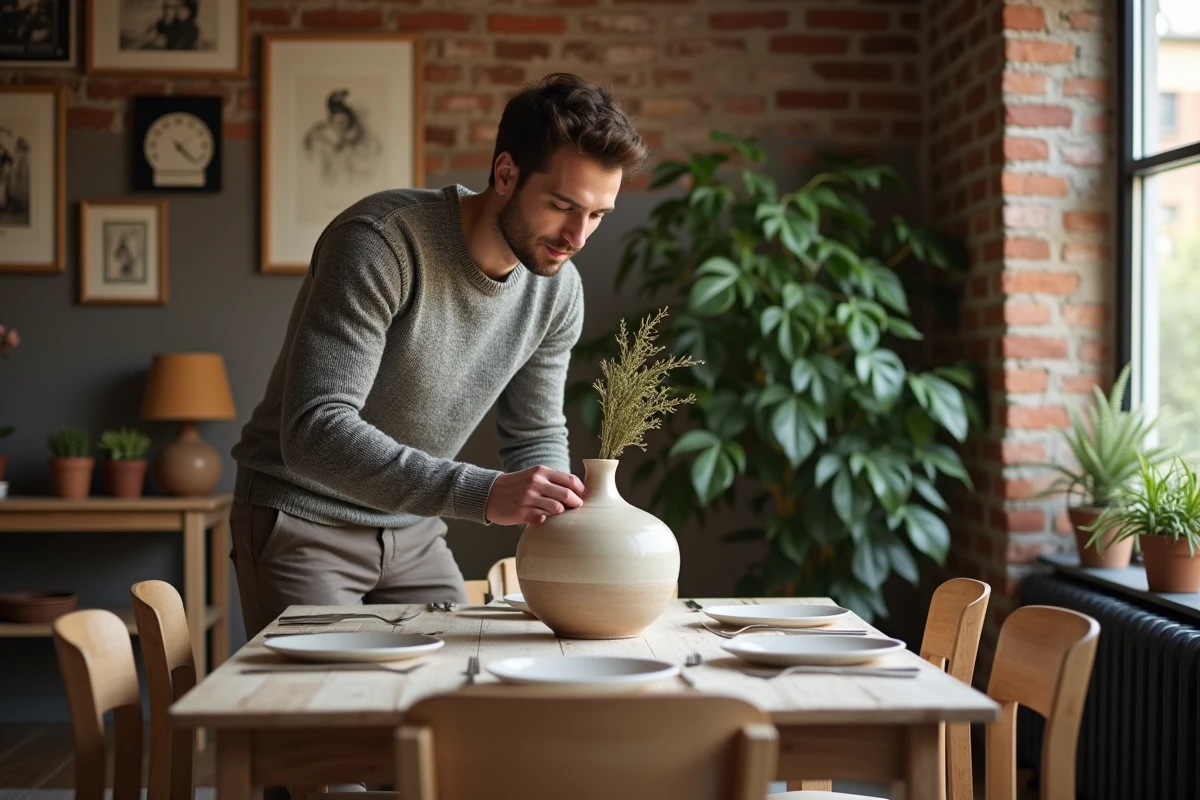 Jeune homme posant un vase en céramique sur la table à manger