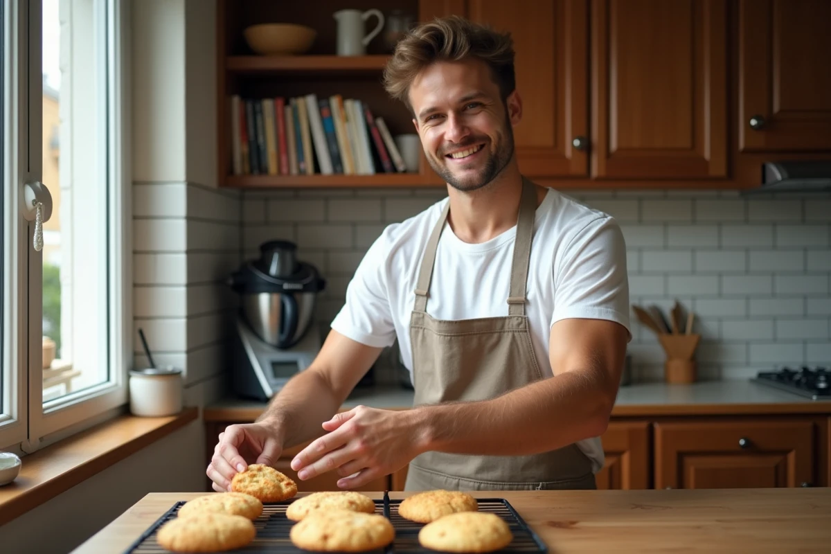 Jeune homme disposant les madeleines sur un grille de refroidissement