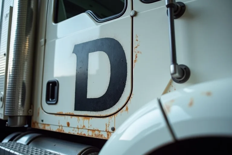 Lettre D en noir sur la porte d'une cabine de camion blanc dans un dépôt de fret industriel