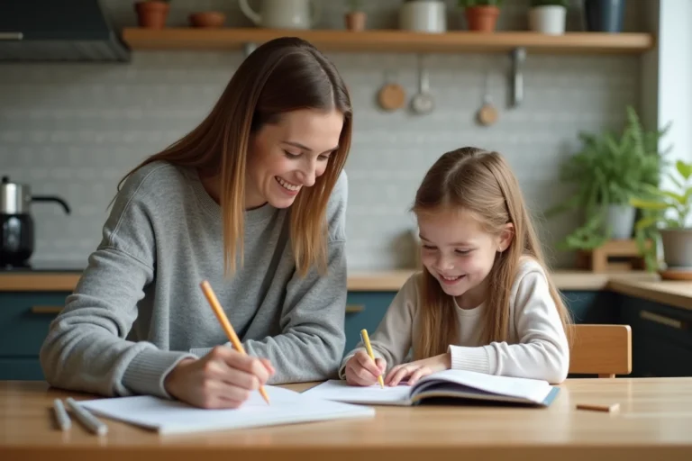 Maman aidant sa fille à faire ses devoirs dans la cuisine
