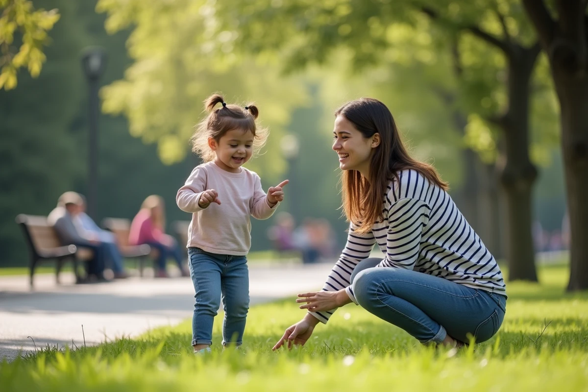Nounou souriante jouant avec une petite fille dans un parc en plein air