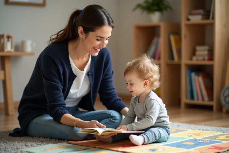 Nounou professionnelle lisant un livre à un tout-petit dans un salon chaleureux et sécurisé