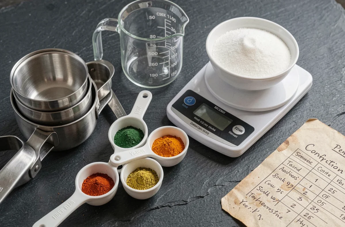 Vue du dessus d'un assortiment de tasses et cuillères doseuses, d'un verre gradué et d'une balance de cuisine sur ardoise avec une table de conversion manuscrite