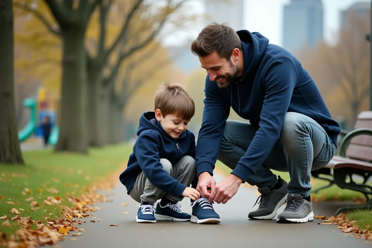 Papa aidant son fils à lacer ses chaussures dans le parc