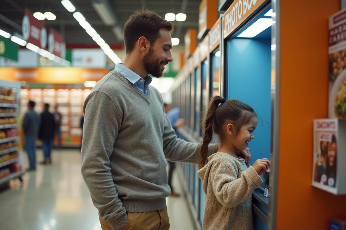 Pere aidant sa fille dans un photomaton en magasin