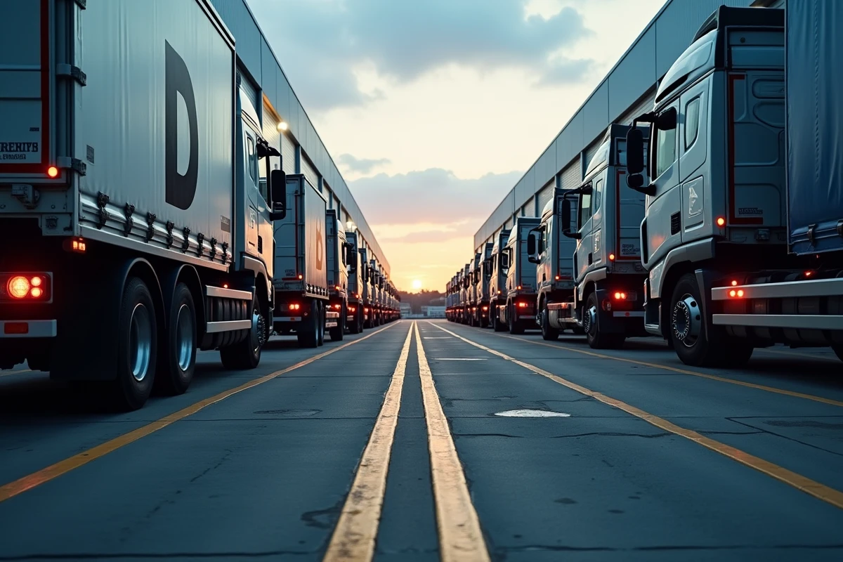 Vue large d'un parc logistique avec plusieurs camions arborant la lettre D sur leurs portes et panneaux arrière