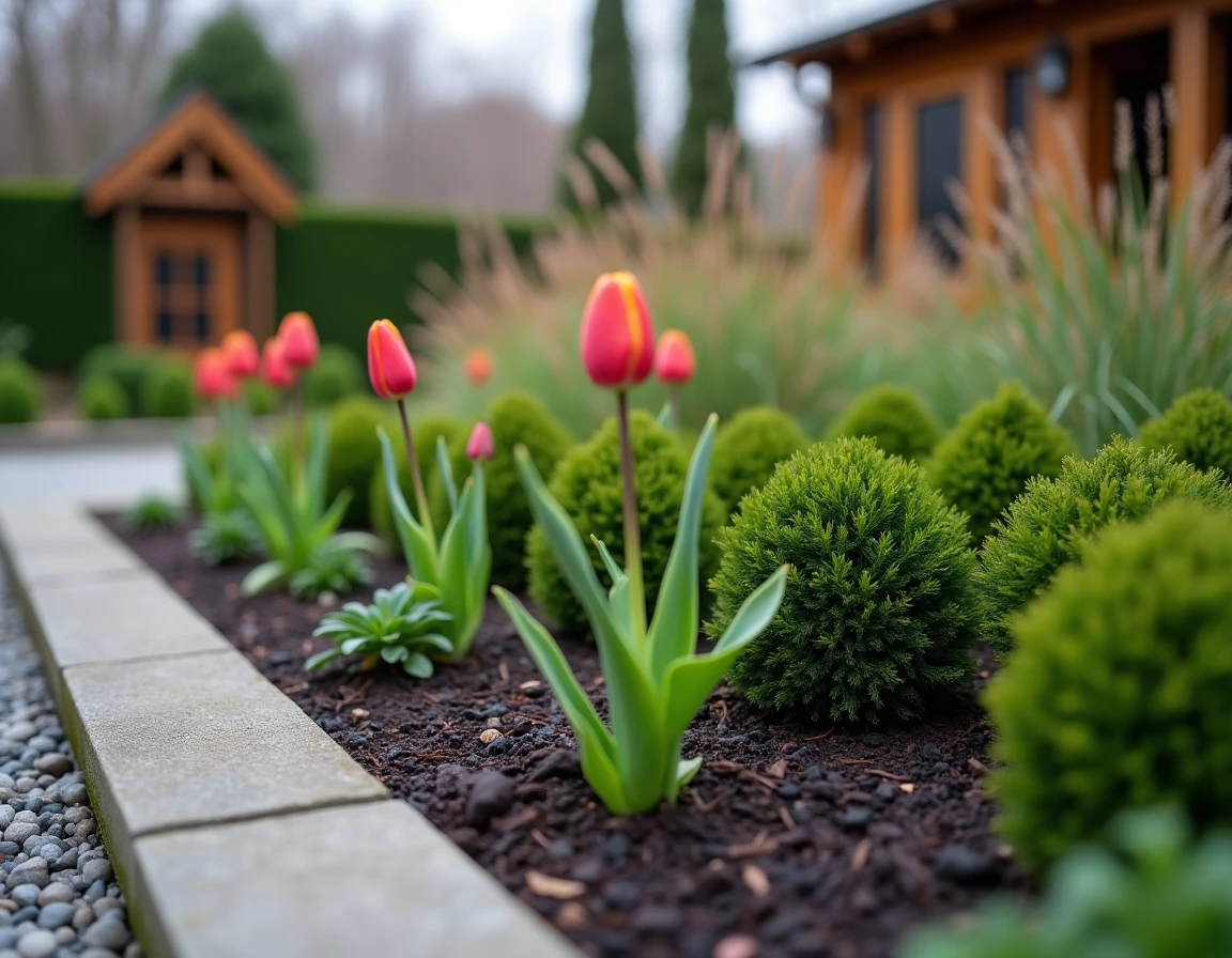 Vue grand angle d'un parterre de jardin quatre saisons avec buis, tulipes émergentes et érable japonais au début du printemps