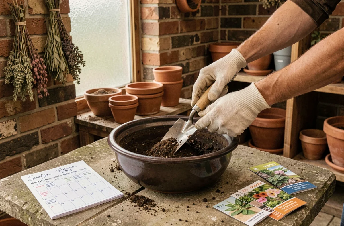 Gros plan de mains gantées préparant du terreau avec des sachets de graines et un calendrier de plantation posés sur une table de jardin en pierre