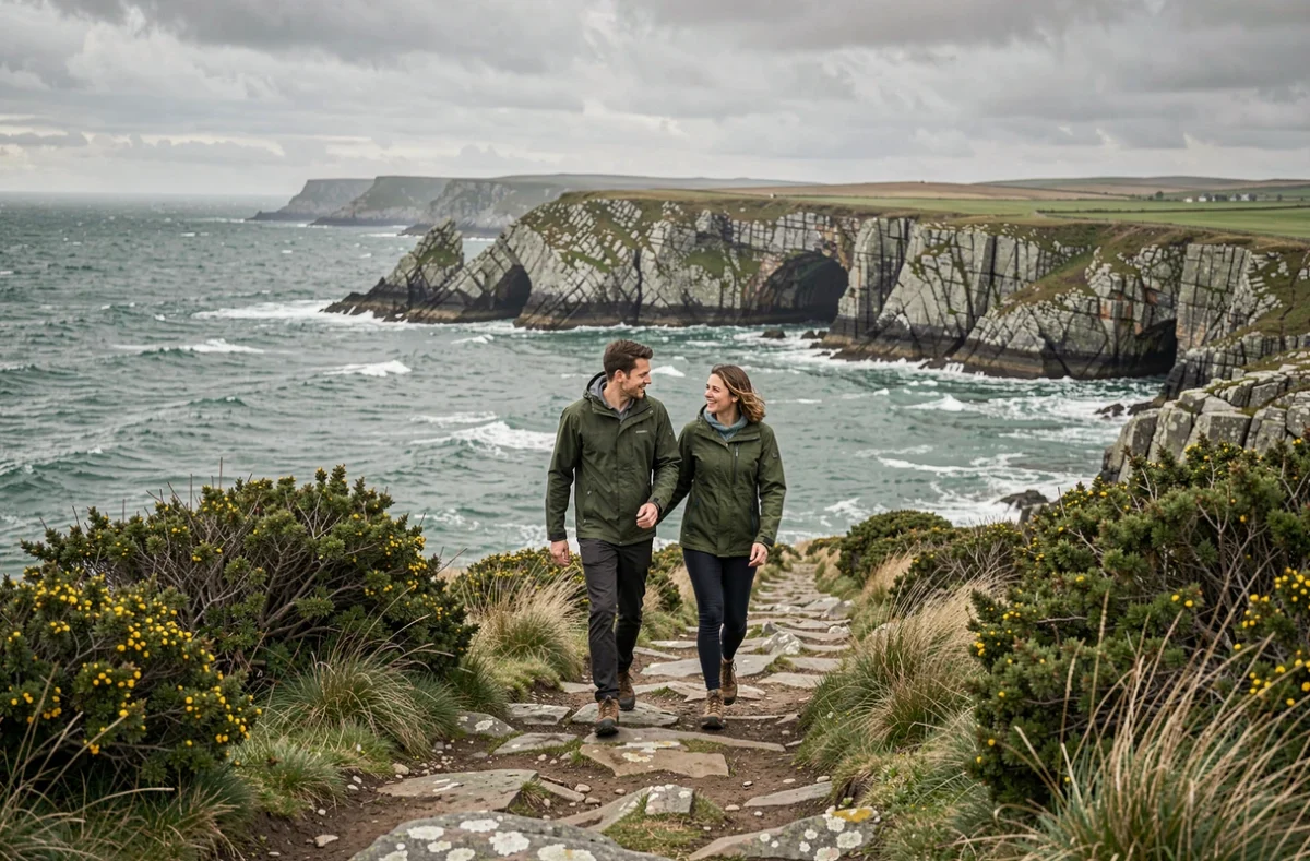 Couple se promenant sur un sentier côtier breton face aux falaises de granit et à la mer Atlantique