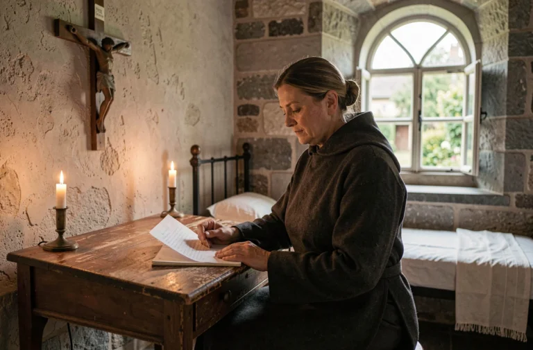 Femme en habit de religieuse rédigeant des documents dans une cellule de couvent en pierre, atmosphère contemplative et austère