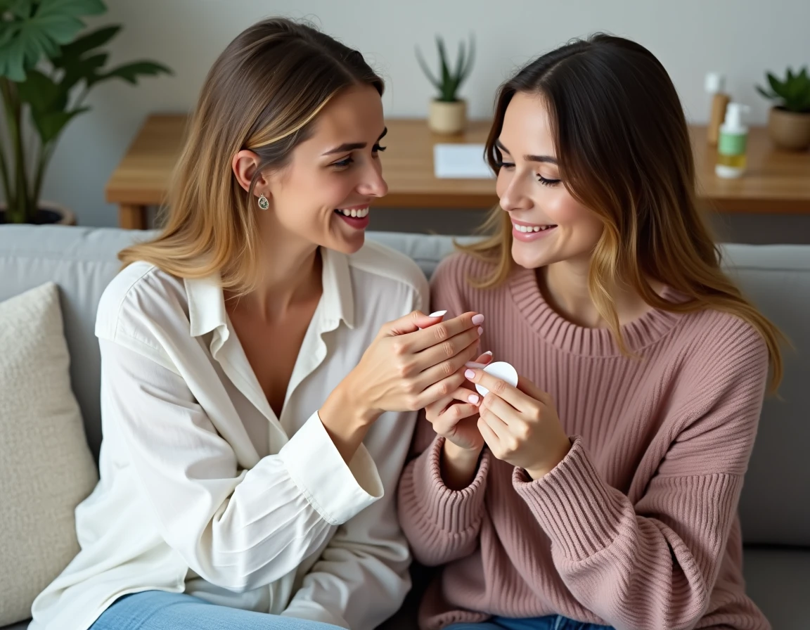 Deux femmes soignant ensemble une trace de bague sur le doigt avec du gel d'aloé vera dans un salon