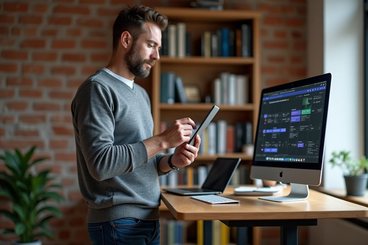 Homme utilisant une solution innovante de gestion de contenus digitaux sur tablette dans un bureau à domicile