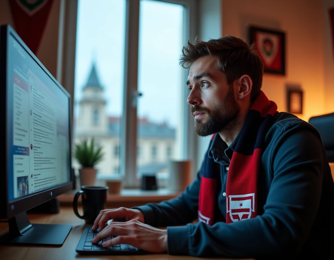 Supporter de l'UBB connecté sur le forum officiel depuis son bureau à domicile avec une écharpe du club
