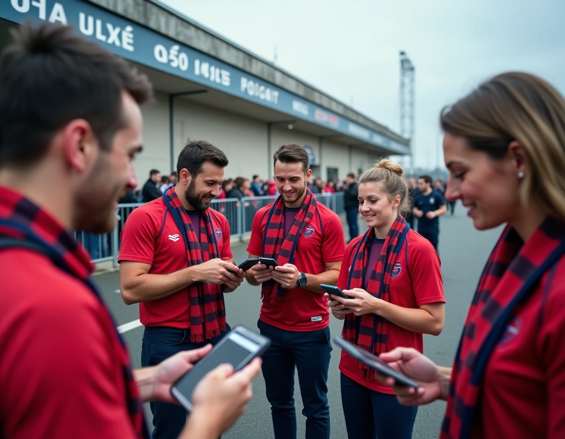 Groupe de supporters de l'Union Bordeaux Bègles consultant le forum du club sur leurs smartphones devant le stade Chaban-Delmas
