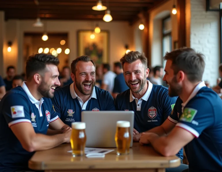 Supporters de l'Union Bordeaux Bègles réunis autour d'un ordinateur portable dans une brasserie pour commenter le forum en ligne du club