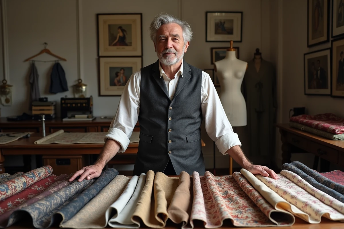 Tailleur parisien entouré d'échantillons de tissus historiques dans un atelier traditionnel