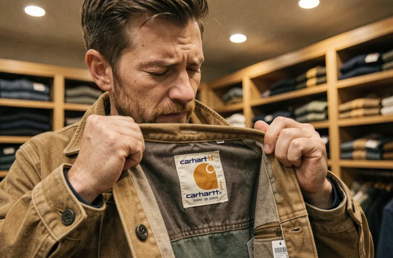 Homme examinant l'étiquette intérieure d'une veste Carhartt authentique en magasin pour vérifier son authenticité