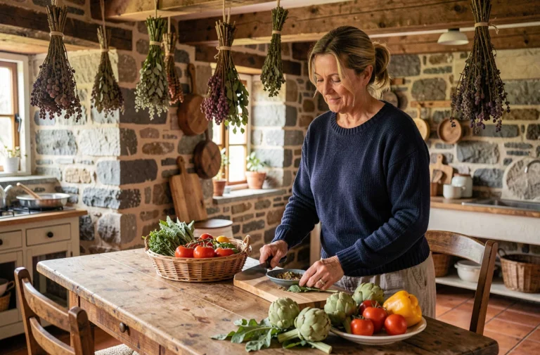 Femme bretonne arrangeant des légumes frais sur une table en bois dans une cuisine en pierre typique de Bretagne