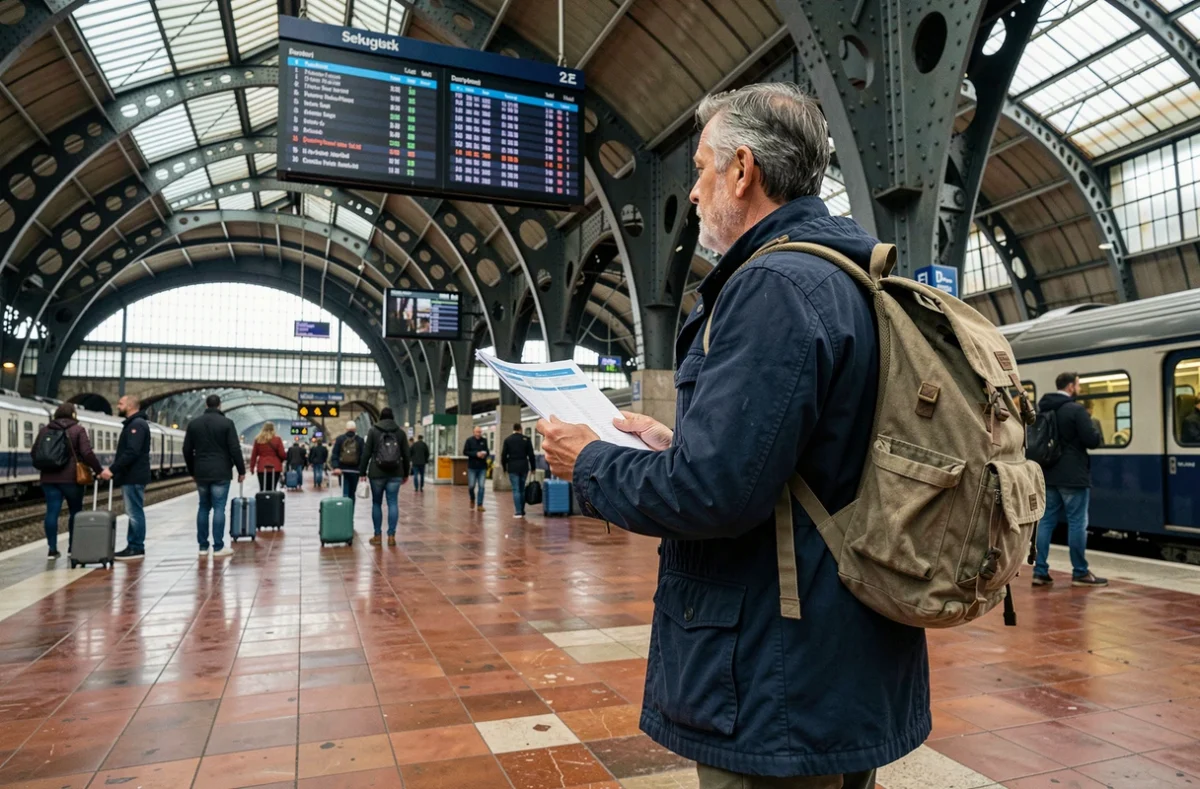 Voyageur masculin consultant son itinéraire dans une grande gare ferroviaire européenne à l'architecture historique